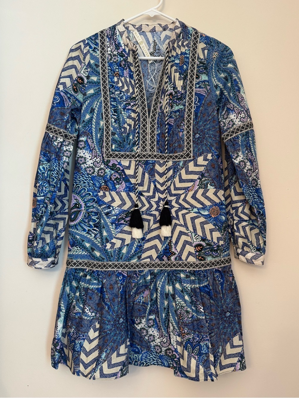 Marie Oliver Mimi Dress XXS Anise Breeze Print 100% Cotton Tassel Mini Boho - Picture 1 of 6